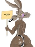 anthro bedroom_eyes brown_body brown_fur butt clothing fur inviting inviting_to_sex latex male narrowed_eyes offering_sex presenting presenting_hindquarters seductive slim smile smirk solo tail teasing teasing_viewer thong tongue tongue_out underwear dodgesthehusky looney_tunes warner_brothers wile_e._coyote canid canine canis coyote mammal