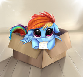adoption_box blue_body blue_feathers blue_fur box cardboard cardboard_box container feathered_wings feathers female feral fur hair multicolored_hair my_little_dashie note rainbow_hair solo text wings young young_feral pridark friendship_is_magic hasbro my_little_pony mythology rainbow_dash_(mlp) equid equine mammal mythological_creature mythological_equine pegasus 2014 absurd_res english_text hi_res