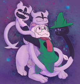 3_heads ambiguous_gender anthro blush clothing duo eyewear feral fur glasses grin hat headgear headwear horn multi_head riding_on_back scarf simple_background size_difference smile tail teeth white_body white_fur ray_karr deltarune undertale_(series) clover_(deltarune) ralsei bovid caprine felid feline goat mammal 2025 hi_res female_(lore) male_(lore)