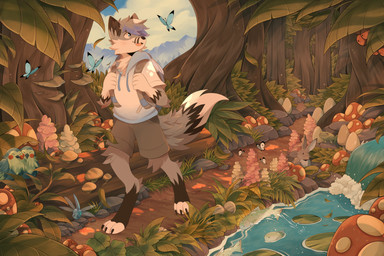 anthro backpack barefoot black_body black_fur bottomwear clothed clothing cloud creek detailed_background feet feral forest fully_clothed fungus fur grey_body grey_fur group hoodie male mushroom open_mouth open_smile outside plant shorts smile topwear tree walking white_body white_fur sherwind arthropod avian bird butterfly canid canine dragonfly insect lagomorph lepidopteran leporid mammal rabbit 2020 3:2 color_contrast hi_res