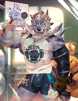 biceps big_bulge bulge clothed clothing dialogue duo ear_piercing ear_ring looking_at_viewer male muscular muscular_male open_mouth piercing print_clothing print_shirt print_topwear ring_piercing shirt teeth text text_on_clothing text_on_shirt text_on_topwear topwear null-ghost bandai_namco digimon canid digimon_(species) felid leomon lion mammal pantherine weregarurumon english_text
