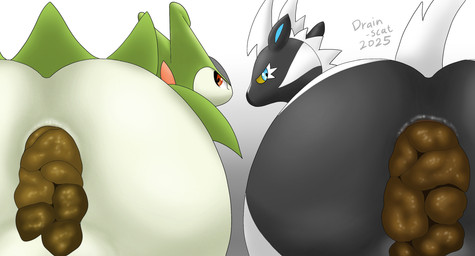 anus anus_focus balls black_body blue_eyes butt butt_focus duo feces feces_in_ass feral genitals green_body looking_back male multicolored_body pooping pooping_together puffy_anus rear_view red_eyes simple_background two_tone_body white_background white_body drain_scat nintendo pokemon equid equine generation_5_pokemon legendary_pokemon mammal pokemon_(species) virizion zebstrika hi_res