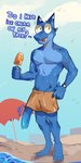 anthro athletic athletic_anthro athletic_male beach beach_umbrella blue_body blue_penis bodily_fluids clock clothed clothing dripping food foreskin genital_fluids genitals horn humanoid_genitalia humanoid_penis male male_anthro outside parasol partially_retracted_foreskin penis penis_poking_out penis_through_leghole precum precum_drip shirtless solo swimming_trunks swimwear text topless umbrella vein veiny_penis wardrobe_malfunction watch fungirussy mythology robin_(fungirussy) avian bird dragon kobold mythological_creature mythological_scalie scalie english_text hi_res