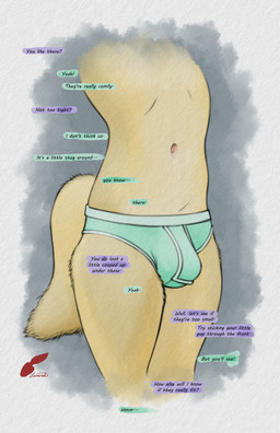 anthro blue_briefs blue_clothing blue_underwear briefs bulge clothed clothing dialogue fur male navel simple_background solo speech_bubble standing tail text topless topless_anthro topless_male underwear underwear_only white_seam_briefs young young_anthro young_male redleveret canid canine mammal absurd_res digital_media_(artwork) english_text hi_res