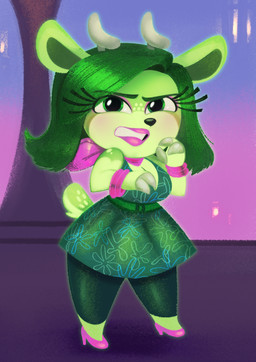 alternate_species anthro big_breasts bottomwear breasts clothing female footwear furrification green_body green_eyes green_hair hair high_heels kerchief looking_at_viewer neckerchief neckwear open_mouth pink_clothing pink_footwear pink_high_heels shoes skirt solo standing tail la-frugele disney inside_out pixar disgust_(inside_out) koopsloops deer mammal 2024 digital_media_(artwork) hi_res