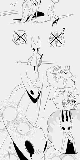 2_horns ambiguous_gender biped black_body black_eyes bodily_fluids cloak clothed clothing duo empty_eyes exclamation_point eyes_closed fingers fur holding_melee_weapon holding_object holding_weapon horn larger_ambiguous looking_at_another melee_weapon motion_lines question_mark size_difference smaller_ambiguous speech_bubble standing weapon white_clothing wings du_dang hollow_knight_(franchise) team_cherry hollow_knight_(character) hornet_(hollow_knight) pale_king_(hollow_knight) radiance_(hollow_knight) arthropod insect lepidopteran moth vessel_(species) 2025 absurd_res hi_res female_(lore) half_sister_(lore) sibling_(lore) sister_(lore)