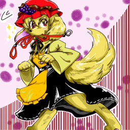 blonde_hair clothed clothing collar_in_mouth digitigrade dress female fur hair hat headgear headwear kemono solo yellow_body yellow_fur rurikoshi touhou minoriko_aki 1:1 2010