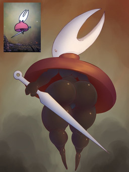 anthro big_butt black_body butt cloak cloak_only clothing featureless_feet feet female floating genitals holding_object holding_weapon rear_view red_cloak red_clothing solo thick_thighs vulva weapon white_body wide_hips bell_crd hollow_knight:_silksong hollow_knight_(franchise) team_cherry hornet_(hollow_knight) arthropod insect 3:4 hi_res