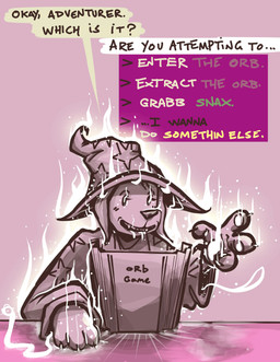 anthro claws clothing dialogue dungeon_master_screen hat headgear headwear magic markings pawpads smile solo speech_bubble star_(marking) text wizard_hat wizard_robe bbravaa dogbrava_(bbravaa) canid canine mammal absurd_res english_text hi_res restricted_palette