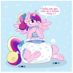 accessory adolescent big_diaper blue_background blush border bow_ribbon clothed clothing crayon dialogue diaper female feral fur furgonomics hair hair_accessory hair_bow hair_ribbon heart_symbol horn multicolored_hair multicolored_tail pink_body pink_fur ponytail purple_eyes ribbons simple_background sitting solo tail tail_accessory tail_bow tail_ribbon text wearing_diaper white_border wings young young_feral jupiters friendship_is_magic hasbro my_little_pony mythology princess_cadance_(mlp) equid equine mammal mythological_creature mythological_equine winged_unicorn 1:1 english_text hi_res