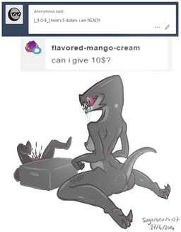 anthro anthrofied ask_blog black_body blood bodily_fluids box breasts butt claws container duo fangs female genitals male male/female nipples open_mouth open_smile saliva simple_background smile teeth text tongue tongue_out vulva white_background vipery-07 anon kaiju english_text