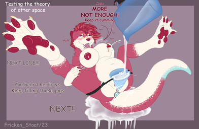 anatomically_correct_feet anthro bodily_fluids breasts breath cum feet female funnel_in_pussy genital_fluids lactating membrane_(anatomy) panting paws slightly_chubby solo text toes webbed_feet conditional_dnp fricken_stoat vivien_(datonedragfolfeon) mammal mustelid otter absurd_res english_text hi_res