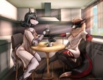 anthro beverage clothed clothing coffee female furniture kitchen loose_shirt morning sitting smile table species_request