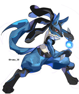 ambiguous_gender anthro aura_sphere blue_body blue_fur fur red_eyes solo spines tail romu_38 nintendo pokemon canid canine generation_4_pokemon lucario mammal pokemon_(species) absurd_res hi_res
