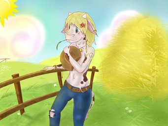 anthro blonde_hair blue_eyes bottomwear clothing denim denim_bottomwear denim_clothing farm female hair hat hay headgear headwear jeans pants solo sun tail tail_tuft tuft mixofoss bovid bovine cattle mammal 4:3