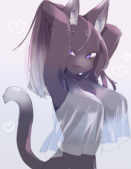 :3 anthro bangs big_breasts black_body black_fur breasts camisole clothing female fur hair hands_behind_head heart_symbol inner_ear_fluff long_hair looking_at_viewer pink_nose pose pupils purple_eyes simple_background slit_pupils smile smiling_at_viewer smirk smirking_at_viewer snaggle_tooth solo straight_hair tail translucent translucent_clothing tuft white_background poyapoya00 domestic_cat felid feline felis mammal half-length_portrait hi_res portrait