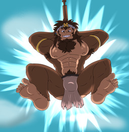 5_toes abs accessory anthro armpit_hair body_hair bottomwear brown_body brown_hair chest_hair chest_tuft clothing feet foot_focus hair humanoid_feet loincloth male multicolored_body muscular muscular_anthro muscular_male pecs plantigrade pubes solo toes tuft two_tone_body fafnir_stardust_(artist) ape haplorhine mammal monkey primate absurd_res hi_res