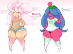 anthro blue_hair bottomwear clothing femboy hair male pink_body pink_hair shirt shorts solo sweater topwear yellow_body rockpup241 nintendo pokemon mochi_(rockpup241) cherrim generation_4_pokemon overcast_form_cherrim pokemon_(species) shiny_pokemon sunshine_form_cherrim model_sheet