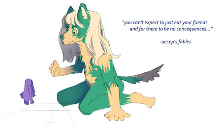 ambiguous_gender anthro blonde_hair breasts countershading duo female female/ambiguous hair larger_female nude purple_body quote simple_background sitting sitting_on_ground size_difference smaller_ambiguous teal_body text vore vore_implied white_background white_hair yellow_eyes doggirlofparadise canid canine mammal 16:9 english_text hi_res widescreen