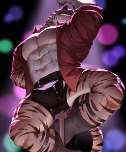 abs anthro bottomwear clothed clothing countershading dancing fur male muscular muscular_male open_clothing open_shirt open_topwear pecs pole pole_dancing shirt shorts solo striped_body striped_fur stripes topwear guojun2333 felid mammal pantherine tiger 2022 absurd_res hi_res
