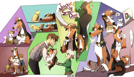 clothed clothing collar eyes_closed eyewear fangs female feral glasses looking_at_viewer male open_mouth simple_background sitting smile teeth text tongue tongue_out hihikori canid canine felid human mammal comic english_text multiple_images source_request unavailable_at_source