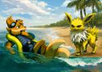 beach belt_buckle buckle clothed clothing detailed_background eyewear goggles grumpy male scared seaside water tyma nintendo pokemon erebus_(giygaswar) fan_character rikyuu_quartz eeveelution floatzel generation_1_pokemon generation_4_pokemon jolteon pokemon_(species) absurd_res hi_res