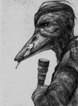 anthro black_eyes bleak_ambiance cigarette clothing cracked_beak feathers gun hair holding_object holding_weapon jacket leather leather_clothing leather_jacket leather_topwear male ranged_weapon rifle scope sniper_rifle solo tape topwear weapon sivonya_(artist) mutant:_year_zero mutant_(franchise) dux_(mutant:_year_zero) anas anatid anseriform avian bird dabbling_duck duck mallard black_and_white hi_res monochrome sketch