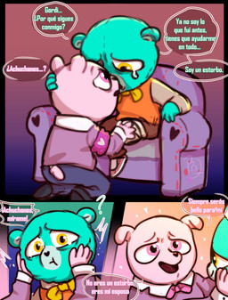 4_fingers amputee anthro armband bandage blue_body bodily_fluids bottomwear bow_tie clothing crying dialogue disability duo fingers footwear furniture green_body hand_on_head male male/male pants pink_body pink_eyes relationship sad shirt shoes sitting smile sofa sweater tears text topwear yellow_eyes koumo_purple unicorn_wars achuchones_(unicorn_wars) gordi_(unicorn_wars) bear mammal 2023 absurd_res hi_res spanish_text translated