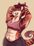 abs anthro armpit_hair body_hair bra clothing ear_piercing female muscular muscular_anthro muscular_female piercing solo sports_bra stripes underwear mountaincat felid feline mammal pantherine tiger 3:4 hi_res