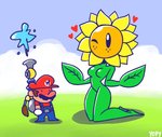 blush breasts clothing duo facial_hair featureless_breasts female flower hat headgear headwear heart_symbol kneeling larger_female male mustache not_furry nude one_eye_closed plant size_difference smaller_male suggestive sunflower text text_on_clothing text_on_hat text_on_headwear water wink yopy mario_bros nintendo super_mario_sunshine f.l.u.d.d. mario sunflower_kid elemental_creature elemental_humanoid flora_fauna flower_creature flower_humanoid human humanoid mammal plant_humanoid 2019 hi_res