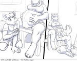 5:4 anthro belly belly_rub big_belly breasts canid canine clothed clothing comic duo faf fafcomics female fox greyscale hand_on_belly hetty_(faf) jimmy_(faf) male male/female mammal monochrome obese overweight