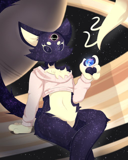 ambiguous_gender anthro black_hole clothing crossed_legs earth fluffy fluffy_chest fur long_tail looking_at_viewer mouthless off-shoulder_top pawpads paws planet purple_body purple_fur saturn_(planet) sitting solo space starry_bod sweater tail topwear cactilaine void_(cactilaine) canid canine canis domestic_dog felid feline mammal void_creature 4:5 absurd_res hi_res