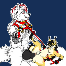 abdominal_bulge animal_genitalia animal_penis anthro arm_tattoo barred_chastity_cage bed big_knot big_penis black_penis canine_genitalia canine_penis chastity_cage chastity_device collar dominant dominant_in_chastity dominant_male duo fur furniture genitals harness highlights_(coloring) huge_knot huge_penis knot knotted_penis leash leash_pull leashed_collar legs_up lying lying_on_bed male male/male male_penetrated male_penetrating male_penetrating_anthro male_penetrating_male male_wearing_chastity markings metal_chastity_cage motion_lines on_bed penetration penis power_bottom red_eyes red_highlights red_markings sex simple_background size_difference smaller_penetrated stretched_anus tattoo thrusting tongue tongue_out transparent_background wearing_chastity_cage wearing_chastity_device white_body white_fur yellow_body yellow_fur esacosaverde mythology whiteskill_family dylan_whiteskill_(thatwereboy) minirex canid canine canis domestic_cat dragon felid feline felis hybrid mammal mythological_canine mythological_creature mythological_scalie scalie werecanid werecanine werecreature werewolf wolf 1:1 alpha_channel digital_drawing_(artwork) digital_media_(artwork) hi_res