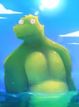 anthro dorsal_frill frill_(anatomy) lens_flare light male nervous_smile nude_male overweight overweight_male partially_submerged solo adamphoebe conditional_dnp carl_torres scalie 3:4 hi_res lighting