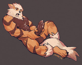 5_fingers abs anthro anthrofied balls black_eyes black_nose bodily_fluids brown_balls brown_body brown_claws brown_fur brown_nipples brown_penis brown_stripes claws cum cum_on_chest cum_on_own_chest cum_on_self erection fangs finger_claws fingers foreskin fur genital_fluids genitals humanoid_genitalia humanoid_penis male masturbation muscular muscular_anthro muscular_male nipples nude open_mouth orange_body orange_fur penis pink_inner_ear pokemorph pupils sharp_teeth solo striped_body striped_fur stripes teeth two-handed_masturbation white_body white_fur white_pupils jrjresq nintendo pokemon arcanine generation_1_pokemon pokemon_(species) hi_res