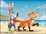 animal_genitalia anthro balls beach bikini bikini_bottom black_nose breasts canid canine clothed clothing detailed_background dipstick_ears dipstick_tail disney duo ear_markings female feral feralized fox fully_sheathed fur genitals gloves_(marking) green_eyes grey_body grey_fur hi_res holding_leash holding_object inner_ear_fluff judy_hopps lagomorph leash leg_markings leporid link6432 looking_back male mammal markings multicolored_body multicolored_ears multicolored_fur multicolored_tail navel nick_wilde nipples nude nude_beach open_mouth open_smile orange_body orange_fur outside penis penis_tip pink_nose purple_eyes rabbit red_fox scut_tail seaside sheath short_tail sign small_breasts smile socks_(marking) swimwear tail tail_markings text topless true_fox tuft two_tone_body two_tone_fur zootopia