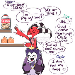 :'d anthro blush blush_stickers carrying_another censored_profanity clothed clothing container cookie cookie_jar cross-popping_vein crown dialogue duo emoticon eyes_closed food forehead_tattoo headgear horn jar male offscreen_character on_shoulders open_mouth open_smile reaching shelf simple_background sitting_on_shoulders smile striped_horn stripes suspenders text white_background young norithelord hellaverse helluva_boss asmodeus_(helluva_boss) blitzo_(helluva_boss) fizzarolli_(helluva_boss) stolas_(helluva_boss) avian bird demon humanoid imp owl owl_demon 1:1 2022 english_text hi_res