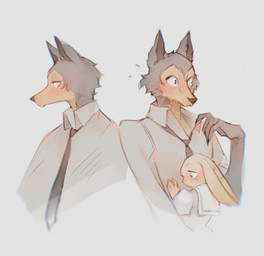 anthro black_nose blush bodily_fluids claws clothed clothing collar collar_pull collared_shirt dress_shirt duo fur grey_body grey_fur hand_on_chest head_on_chest necktie school_uniform shirt simple_background simple_eyes size_difference sweat sweatdrop tan_body tan_fur topwear uniform white_background r_ko beastars haru_(beastars) legoshi_(beastars) canid canine canis domestic_rabbit dwarf_rabbit lagomorph leporid mammal oryctolagus rabbit wolf 2021 chromatic_aberration hi_res