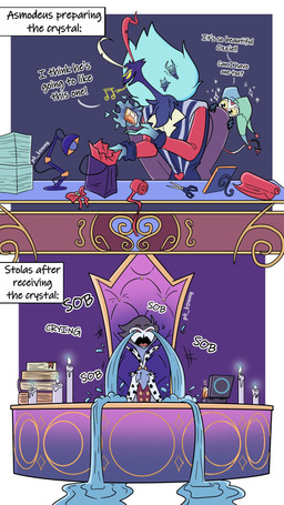 anthro black_text bodily_fluids candle cape chair clothing crying desk dialogue formal_clothing formal_wear fur furniture gift grey_body grey_fur grey_hair group hair looking_down male paper short_hair simple_background sitting table tears text trio white_face pk_konny hellaverse helluva_boss asmodeus_(helluva_boss) fizzarolli_(helluva_boss) stolas_(helluva_boss) avian avian_demon bird demon imp owl owl_demon 9:16 comic hi_res