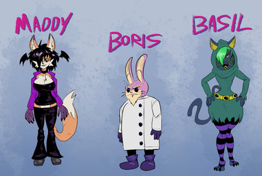 anthro beard bell-bottoms belt big_breasts black_bottomwear black_choker black_clothing black_footwear black_hair black_jewelry black_necklace black_pants black_shoes boots bottomwear breasts chest_tuft choker cleavage clothed clothing coat dress eyeshadow eyewear facial_hair female footwear fur gloves green_clothing green_dress green_hair grey_body grey_fur group hair hair_over_eye handwear head_wings highlights_(coloring) hood jacket jewelry lab_coat lineup long_sleeves low_waisted_pants makeup male mature_male midriff necklace orange_body orange_fur pants pink_body pink_fur pink_nose purple_body purple_bottomwear purple_clothing purple_eyes purple_eyeshadow purple_fur purple_gloves purple_handwear purple_highlights purple_jacket purple_pants purple_topwear shoes size_difference smaller_male smile sunglasses text topwear trio tuft unusual_wing_placement whiskers wings yellow_sclera boker basil_(boker) boris_(boker) maddy_(boker) bat-eared_fox canid canine domestic_cat felid feline felis fox lagomorph leporid mammal rabbit character_name full-length_portrait portrait