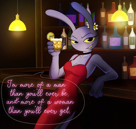 alcohol ambiguous_gender anthro beverage breasts cleavage clothed clothing container cup dress flower_accessory glass glass_container glass_cup looking_at_viewer red_clothing red_dress solo speech_bubble satelliteafterdark glitch_productions the_amazing_digital_circus jax_(tadc) lagomorph leporid mammal rabbit absurd_res hi_res genderfluid_(lore)