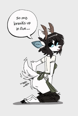 anthro antlers apron arm_tuft balls barefoot barely_visible_balls barely_visible_genitalia black_hair blue_sclera bottomwear bottomwear_down breasts butt butt_tuft clothed clothing cloven_hooves dewclaw_hooves elbow_tuft ellipsis eyelashes eyes_closed feet fur genitals gynomorph hair half-closed_eyes hooves horn intersex kneeling looking_back motion_lines narrowed_eyes open_mouth pants pants_down partially_clothed presenting presenting_hindquarters raised_tail seductive shaking_butt shirt side_boob side_view small_breasts solo speech_bubble t-shirt tail tail_motion tailwag text topwear tuft unguligrade wavy_hair white_body white_fur cocadope deer mammal english_text hi_res