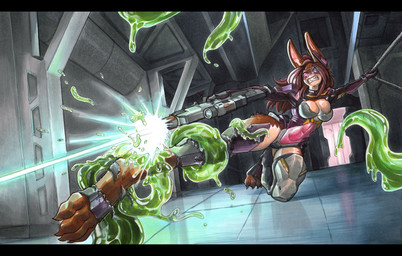 4_toes anthro armor biped black_bars breasts brown_body brown_fur brown_hair cleavage clothed clothing detailed_background dissolving_clothing eyewear feet female fur glasses goo_tentacles green_goo gun hair inside laser_gun pink_eyes purple_eyes ranged_weapon shooting solo tan_body tan_fur tentacles toes unconvincing_armor weapon ewgengster bree_lightfoot_(spyglass8) lagomorph leporid mammal rabbit 2025 absurd_res hi_res letterbox traditional_media_(artwork)
