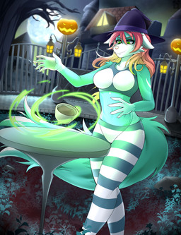 anthro bra cemetery clothed clothing costume detailed_background female flower fur green_body green_eyes green_fur hair halloween_costume halloween_decoration hat headgear headwear holidays leggings legwear looking_down magic magic_user moon pattern_clothing pink_hair plant solo spell sport sports_bra striped_clothing stripes tombstone underwear witch witch_hat moonfluffmf halloween canid canine canis mammal wolf hi_res