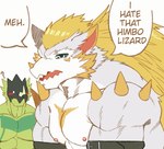 anthro blush duo hair horn humor long_hair male muscular muscular_anthro muscular_male nipples pecs question_mark red_hair spikes text monochrome_kg bandai_namco digimon bulkmon digimon_(species) filmon monster english_text hi_res