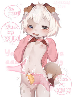 ambiguous_gender anthro belly blush clothed clothing disembodied_hand fur ghost_hand hair looking_at_viewer navel nipples nude open_mouth pink_clothing pink_shirt pink_topwear shirt shirt_up simple_background smile solo tail text topwear touching_belly white_body white_fur young young_anthro janiskisa wash_my_belly cinnamon_(janiskisa) canid canine canis domestic_dog mammal digital_media_(artwork) english_text hi_res male_(lore) nonbinary_(lore)