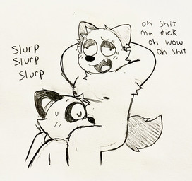 ambiguous_gender blush blush_lines dialogue fellatio hands_behind_head looking_pleasured male male/ambiguous oral oral_penetration penetration penile sex silly_face slurping sound_effects text ohmygoditguppy oliver_(ohmygoditguppy) william_(ohmygoditguppy) mammal procyonid raccoon english_text hatching_(art) shaded sketch traditional_media_(artwork) nonbinary_(lore) trans_(lore)