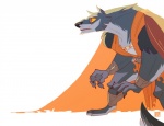 4_fingers anthro barefoot biped cape claws clothed clothing collar feet fingers fur grey_body grey_fur male muscular muscular_anthro muscular_male red_eyes side_view simple_background solo toony white_background yellow_sclera hodori canid canine canis mammal wolf warm_colors