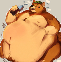 anthro baseball_cap belly_jiggle belly_tuft beverage_bottle blush bottle breath burping chest_tuft chubby_cheeks clothing container eyes_closed facial_hair goatee grey_background hat headgear headwear hiccuping holding_belly jiggling love_handles male morbidly_obese morbidly_obese_male navel nipples obese obese_male open_mouth overweight overweight_male panting simple_background soda_bottle solo text tuft weight_gain butterontoast canid canine canis coyote mammal 2025 digital_media_(artwork) english_text hi_res