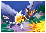 ambiguous_gender anthro bodily_fluids border burning butt butt_on_fire cloud duo eyes_closed fire hand_on_butt looking_back night open_mouth pain raised_tail star tail tears tongue tongue_out white_border pequedark-velvet unknown_species digital_media_(artwork)